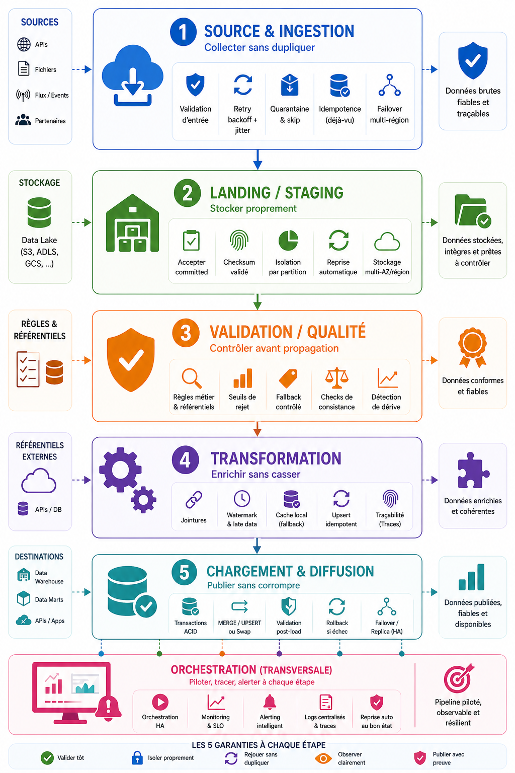 Infographie des 6 couches d’un pipeline de données résilient : Source & Ingestion, Landing / Staging, Validation / Qualité, Transformation, Load / Serve et Orchestration.